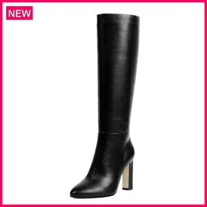 Knee High Boots Chunky Block Heel Almond Toe Side Zipper Faux Leather